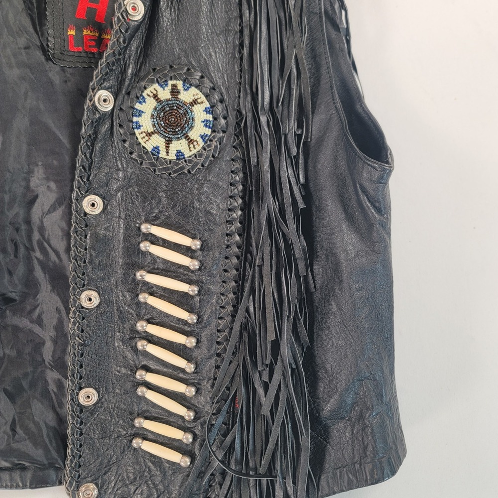 Hot Leathers VTG Womens XL** Leather Fringe Biker Vest Beaded Western Black READ - Picture 6 of 11